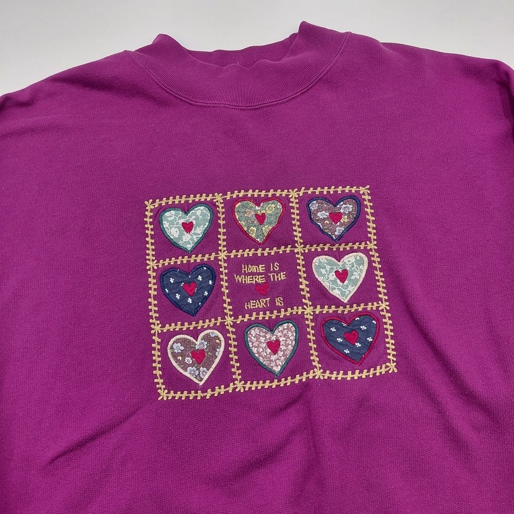 Vtg 90s Cottagecore Hearts Granny Sweatshirt Home Where the Heart Is XL Country